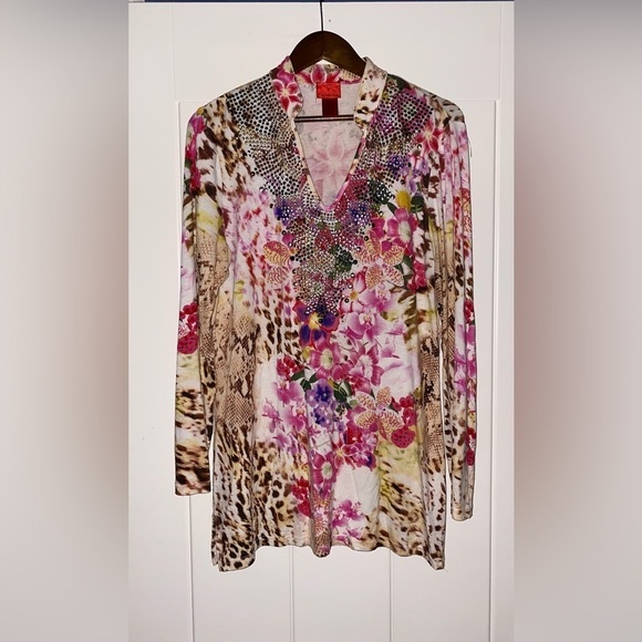 V-Cristina Vtg Animal Print Studded Popover Blouse Women L Multicolor Y2K - Picture 6 of 7